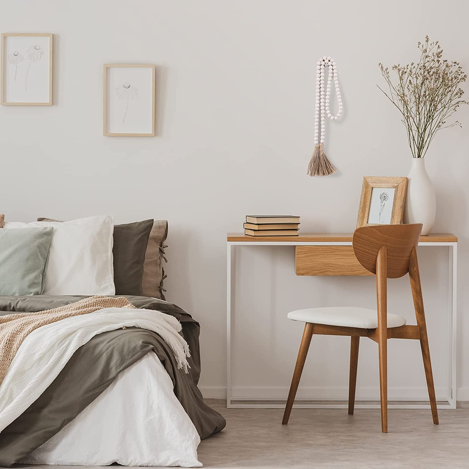 Farmhouse Beads 58In Wood Bead Garland with Tassels Rustic Country Decor Prayer Boho Beads Big Wall Hanging Decor