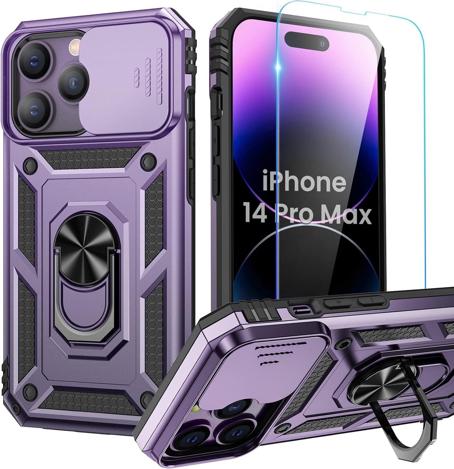 Compatible for Iphone 16 Case with Screen Protector - Slide Camera Cover Protective Phone Case with Ring Stand, Heavy Duty Shockproof Rugged Bumper for Iphone 16 Accessories Blue
