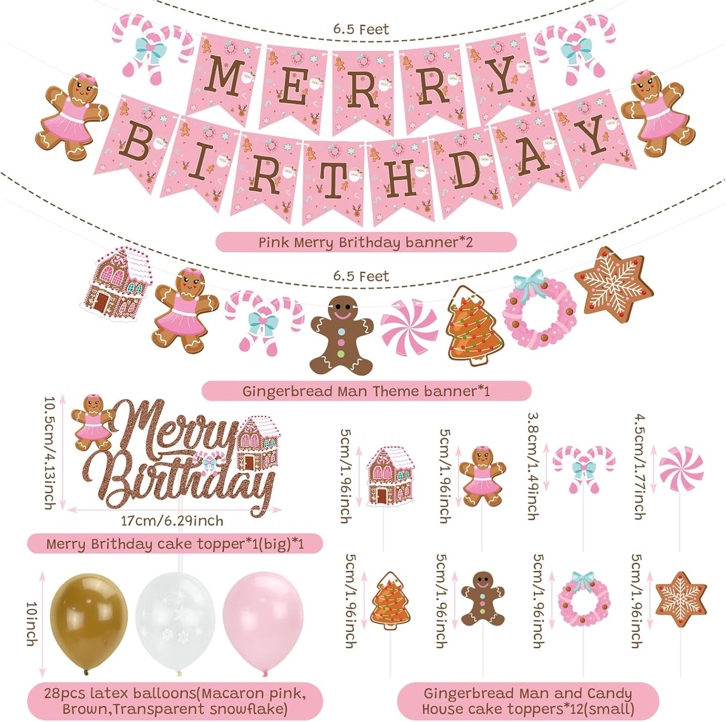 Pink Gingerbread Man Decorations,Christmas Merry Birthday Banner Cute Candy House Cake Topper Latex Balloons for Boys Girls Merry Birthday Birthday Party Supplies Baby Shower