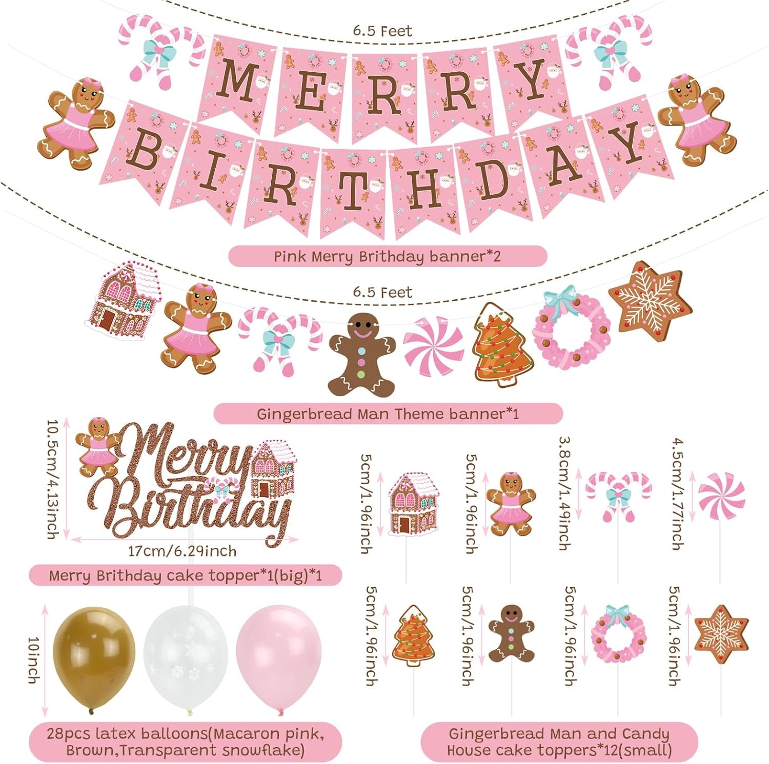 Pink Gingerbread Man Decorations,Christmas Merry Birthday Banner Cute Candy House Cake Topper Latex Balloons for Boys Girls Merry Birthday Birthday Party Supplies Baby Shower