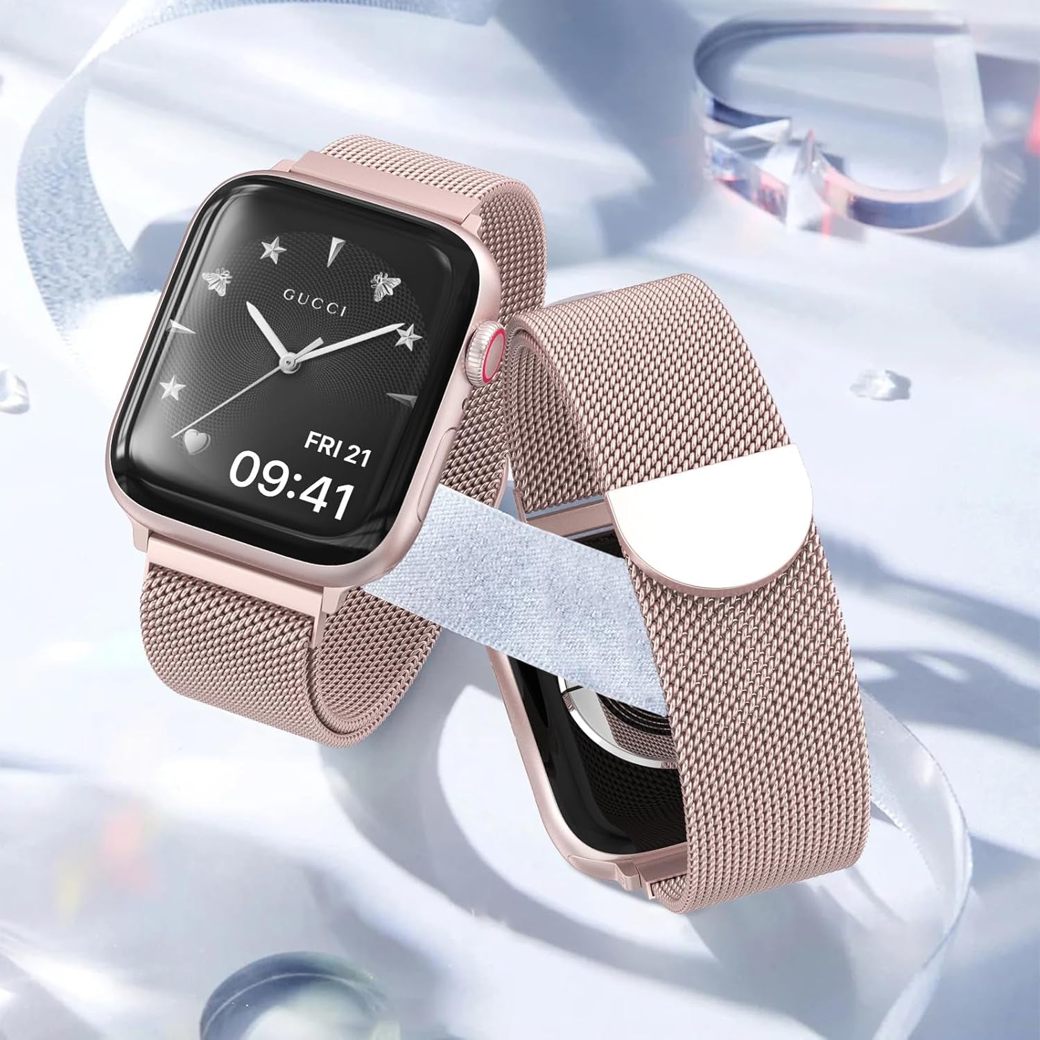 2 Pack Stainless Steel Mesh Loop Compatible with Apple Watch Band 38Mm 40Mm 41Mm 42Mm Series 10 Women Men, Magnetic Clasp Replacement Strap for Iwatch - Rose Gold+Black