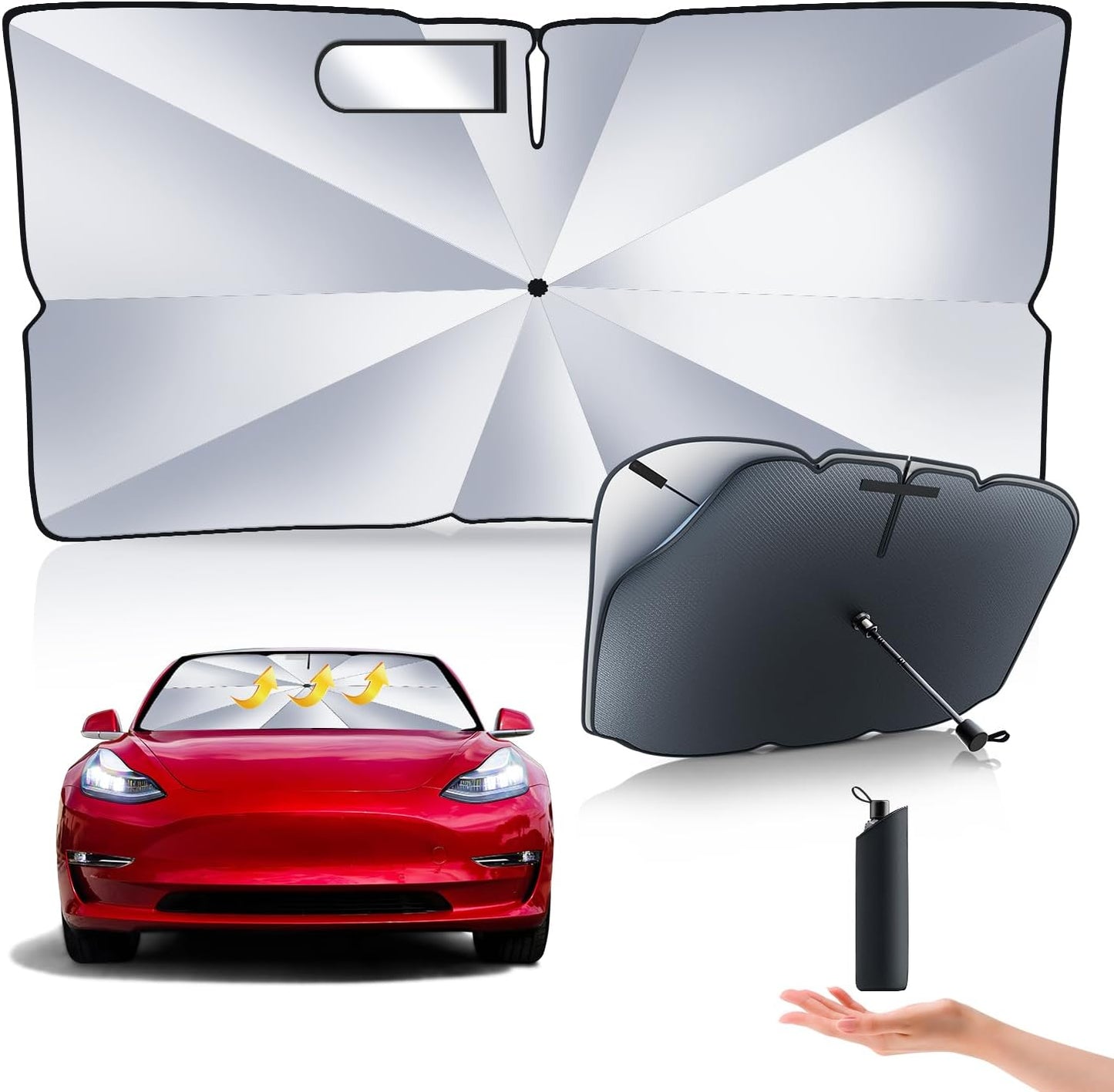 2024 Newest Tesla Model 3/Model Y Windshield Sunshade Double Layer Umbrella-[Outer Cooling Ice Crystal Layer][Built-In Vinyl Insulation],Full-Size Foldable Front Sun Shade for Model 3/Y 2016-2024