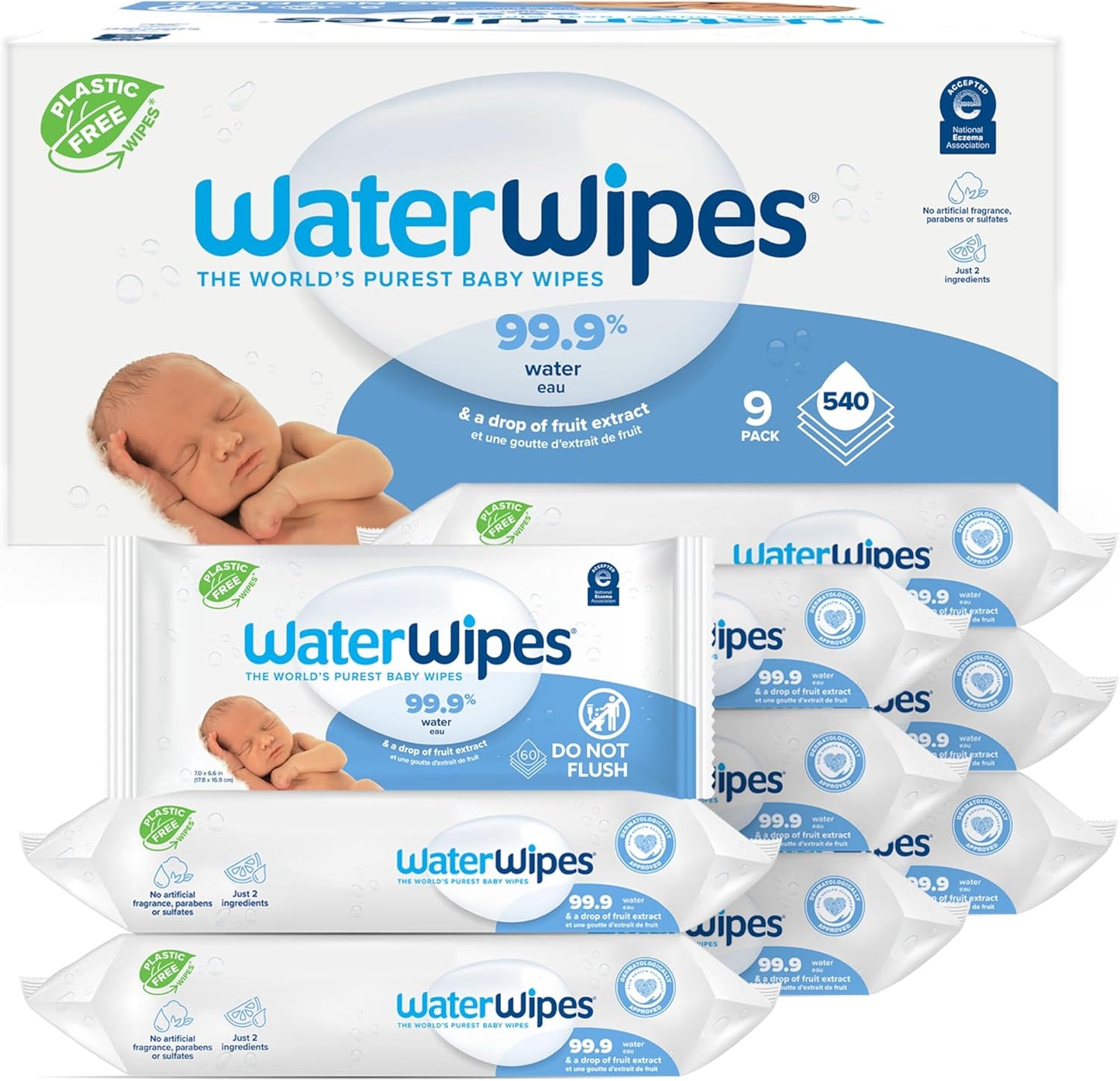 Plastic-Free Original Baby Wipes, 99.9% Water Based Wipes, Unscented & Hypoallergenic for Sensitive Skin, 60 Count (Pack of 12), Packaging May Vary