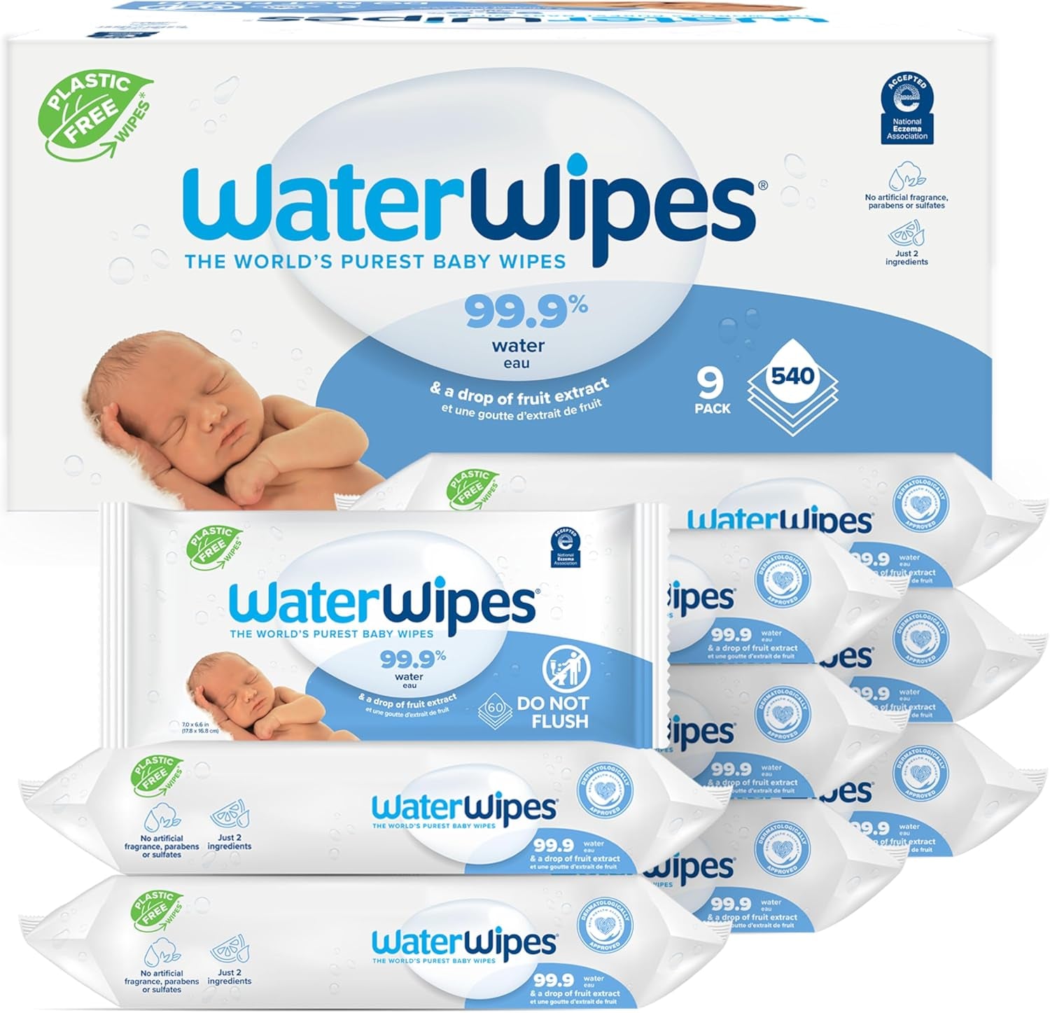 Plastic-Free Original Baby Wipes, 99.9% Water Based Wipes, Unscented & Hypoallergenic for Sensitive Skin, 60 Count (Pack of 12), Packaging May Vary