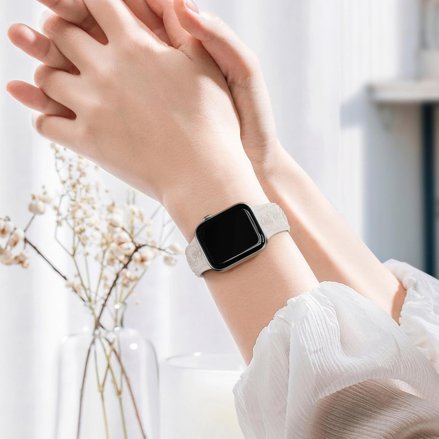 3 Packs Floral Engraved Bands Compatible with Apple Watch Band 40Mm 41Mm 38Mm 42Mm 44Mm 45Mm 49Mm Women, Soft Silicone Cute Embossed Rose Apple Watch Band for Iwatch Series 9/8/7/SE/6/5/4/3/2/1