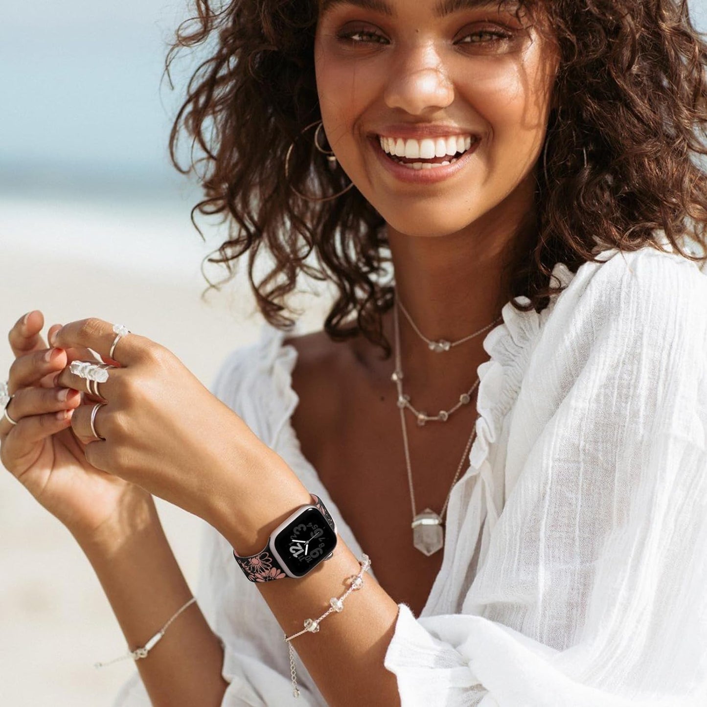 Floral Engraved Band Compatible with Apple Watch Band 40Mm 38Mm 41Mm 42Mm 44Mm 45Mm 49Mm, Soft Silicone Cute Two-Tone Flower Sport Strap for Iwatch Bands Women Series 9 8 7 6 5 4 3 2 1 SE Ultra Ultra 2