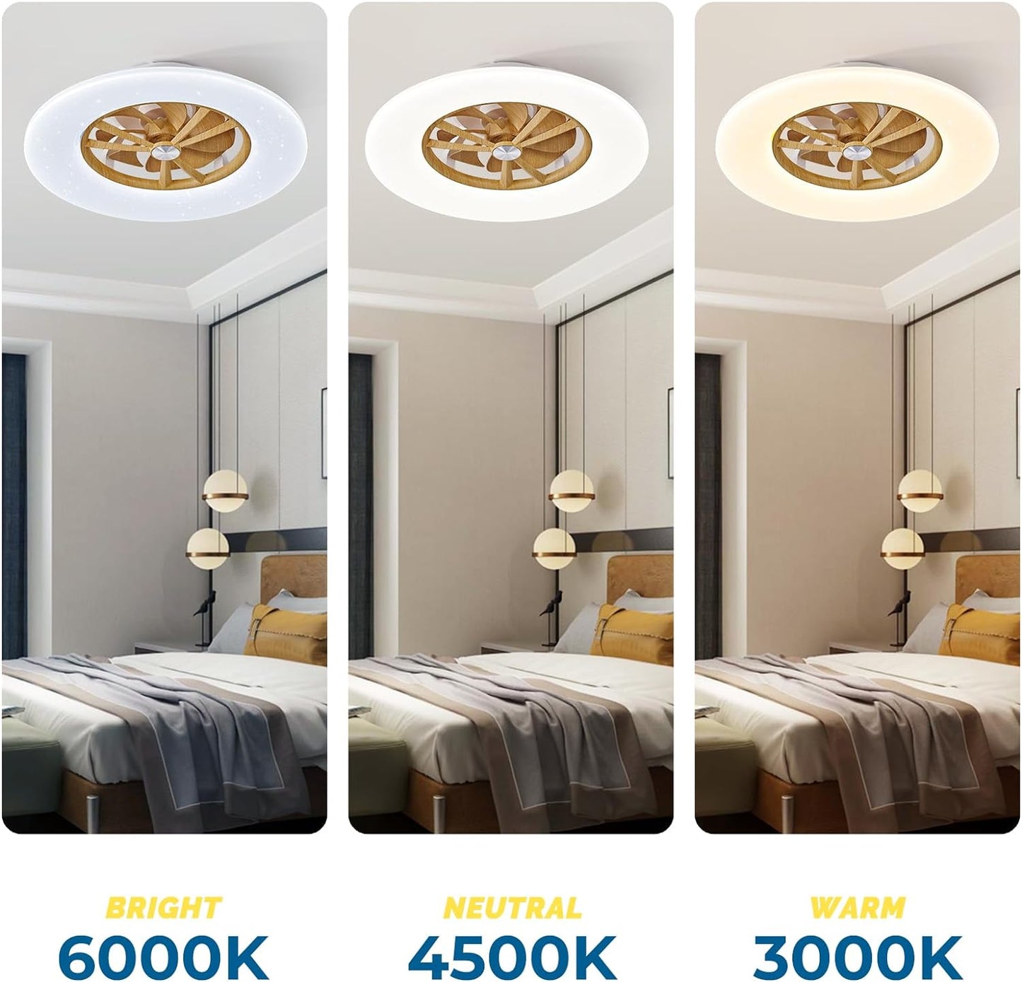 RGB Ceiling Fans with Lights, 24'' Low Profile Ceiling Fan with Light and Remote, Smart Ceiling Fans with 8 Blades, Compatible with Alexa, Google Home and App Controlled (Wood)