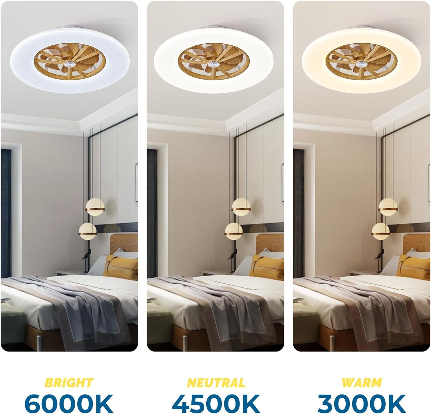 RGB Ceiling Fans with Lights, 24'' Low Profile Ceiling Fan with Light and Remote, Smart Ceiling Fans with 8 Blades, Compatible with Alexa, Google Home and App Controlled (Wood)