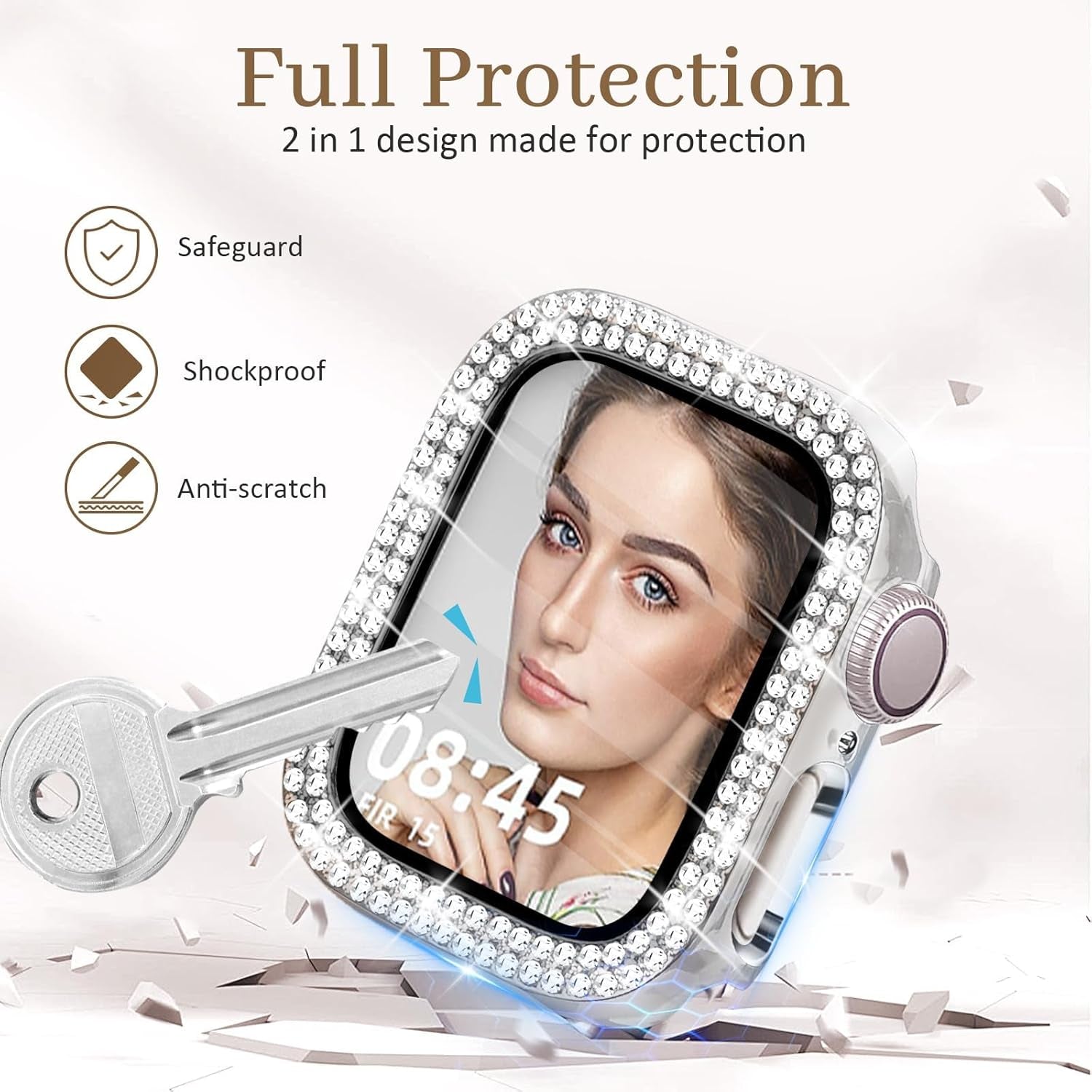 Tortoise Stretchy Watch Band with Bling Case with HD Screen Protector Compatible with Apple Watch 38Mm 40Mm 41Mm 42Mm 44Mm 45Mm 49Mm for Women for Iwatch Series 9/8/7/6/5/4/3/2/1/SE