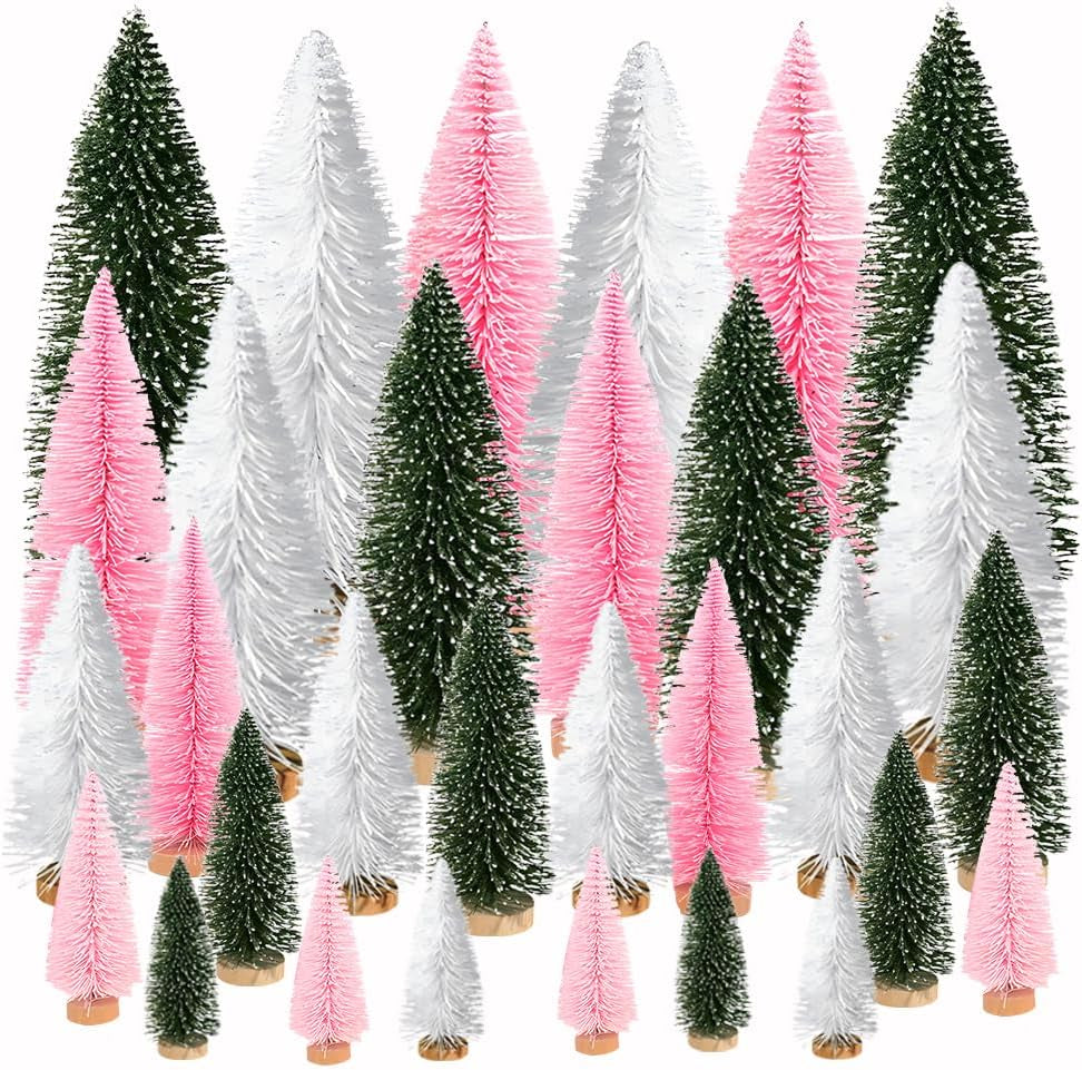 Artificial Mini Christmas Trees, 30 Pcs Sisal Snow Pines in 5 Sizes, Crafting Displaying Decoration, Tabletop Xmas Tree for Home, Party (Pink/White/Green)