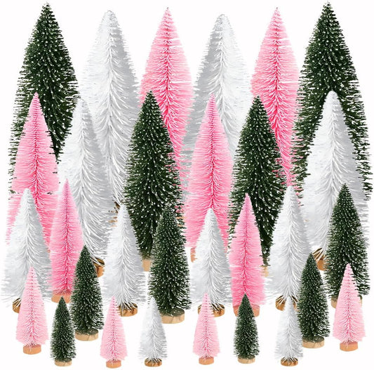 Artificial Mini Christmas Trees, 30 Pcs Sisal Snow Pines in 5 Sizes, Crafting Displaying Decoration, Tabletop Xmas Tree for Home, Party (Pink/White/Green)