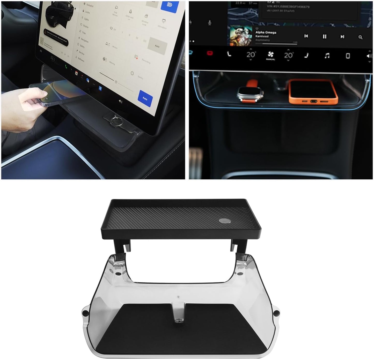 Center Console Organizer Tray for Tesla Model Y Accessories 2024-2020 Model 3 2023-2016, Magnetic under Screen Storage Box behind Screen Tray, Dashboard Organizer Tissue Holder, Easy Install
