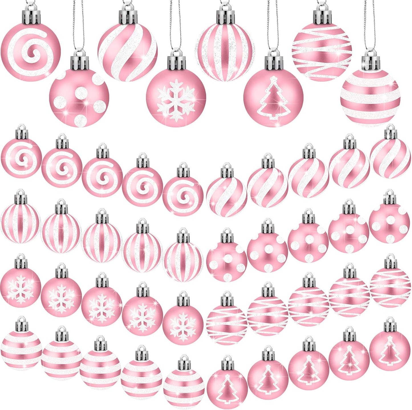 24 Pcs Pink and White Christmas Ball Ornaments 2.36 Inch Christmas Tree Decoration Ornaments Glitter Plastic Stripe Dot Snowflake Hanging Ball Christmas Decorations for Home Indoor Outdoor