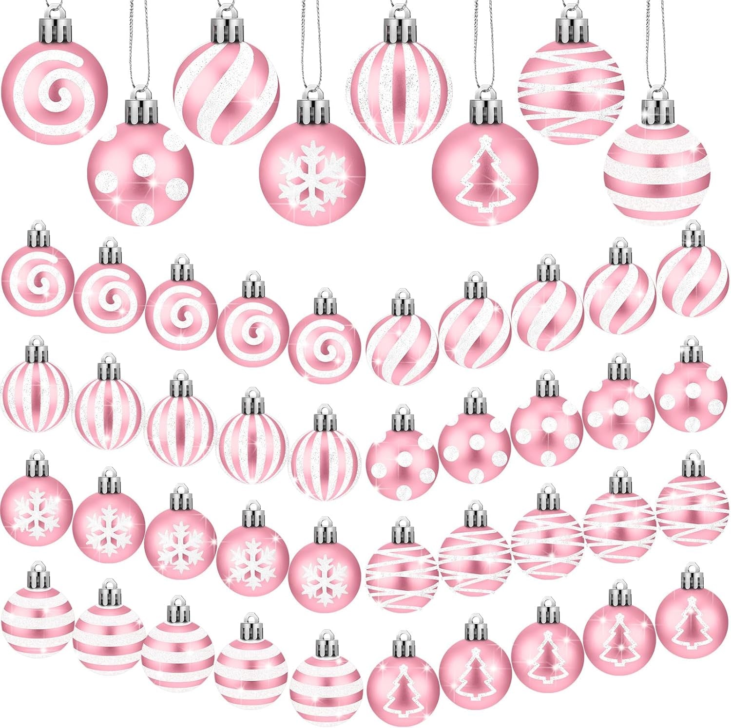 24 Pcs Pink and White Christmas Ball Ornaments 2.36 Inch Christmas Tree Decoration Ornaments Glitter Plastic Stripe Dot Snowflake Hanging Ball Christmas Decorations for Home Indoor Outdoor
