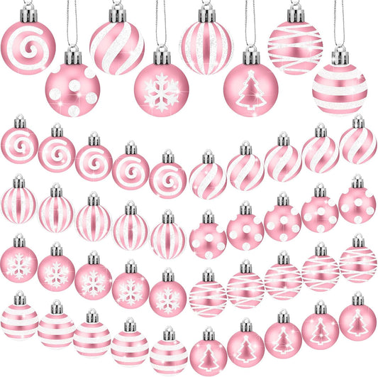 24 Pcs Pink and White Christmas Ball Ornaments 2.36 Inch Christmas Tree Decoration Ornaments Glitter Plastic Stripe Dot Snowflake Hanging Ball Christmas Decorations for Home Indoor Outdoor