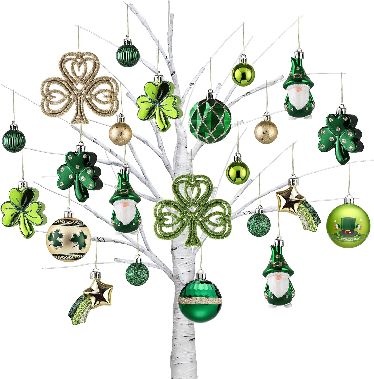 St Patricks Day Decorations Shamrock Tree Ornament,30Pcs Hanging Ball Ornament Gnome Decor for Irish Festival, Good Luck Clover Emerald Green Gold Christmas Ball for Party Home Spring
