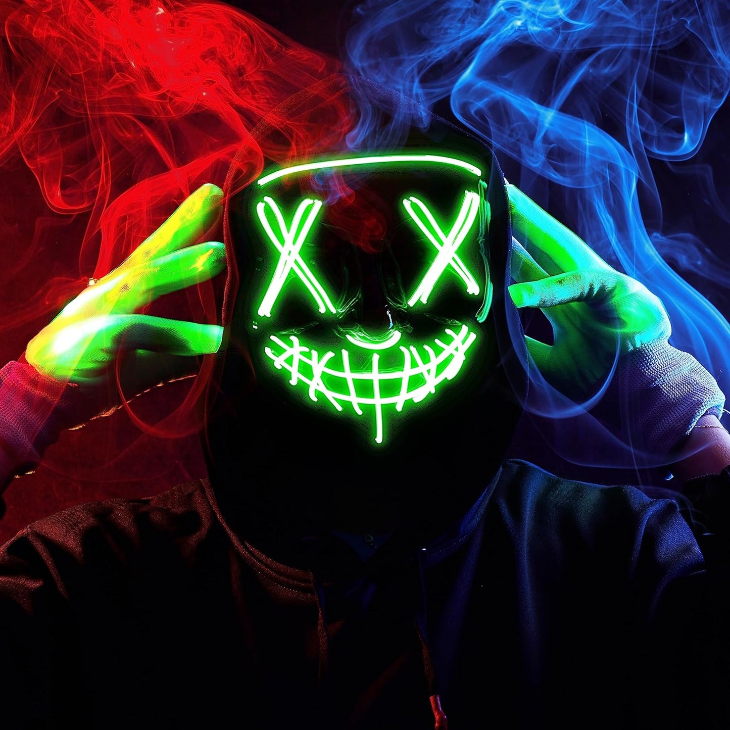 Halloween Led Mask Light up Scary Mask and Gloves Cosplay Costume (Green), Glow in the Dark Mask