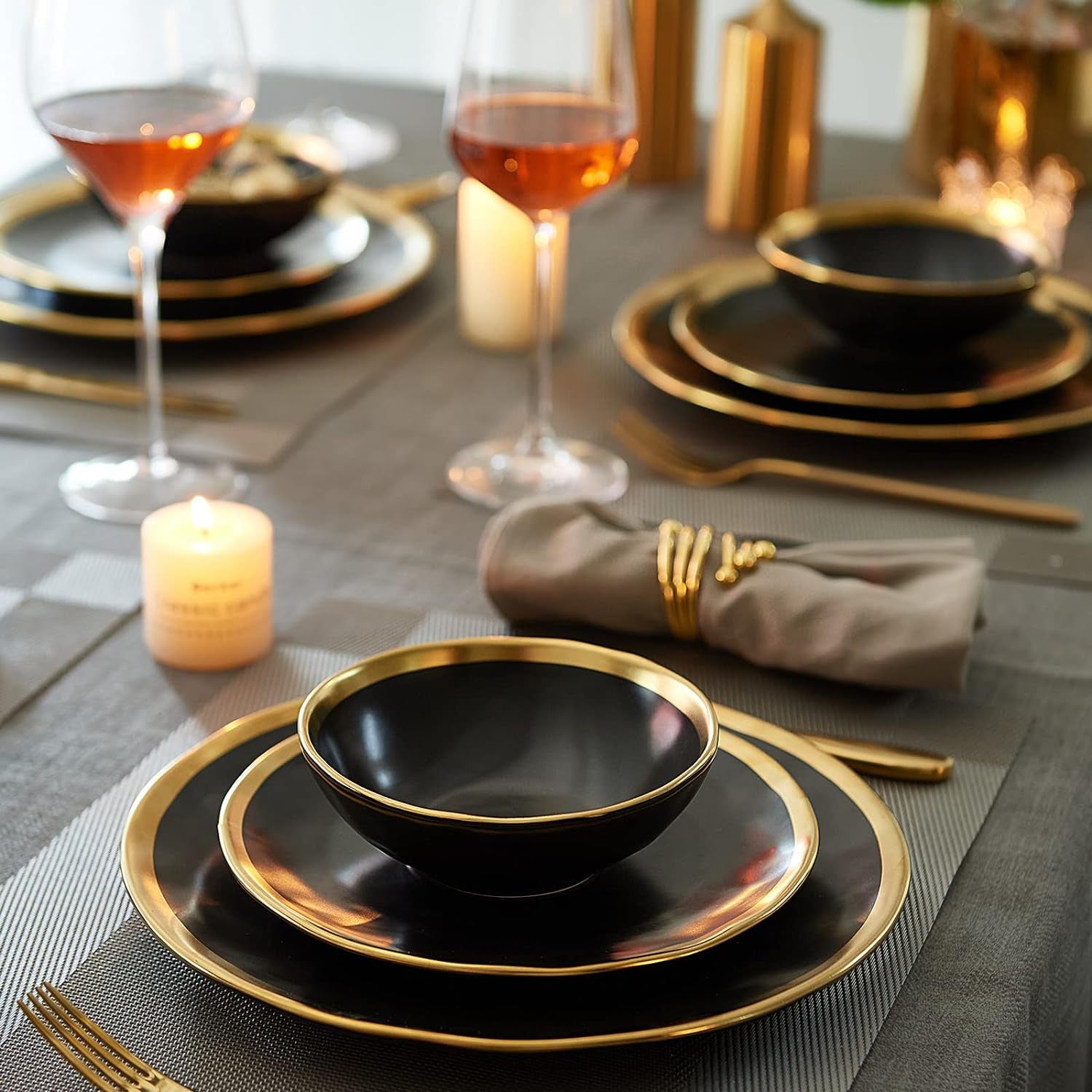 Matte Black Plates and Bowls Sets, 12 Piece Dinnerware Sets Service for 4, Dishes, round Dinner Plates, Bowls, Golden Rim Dish Set for Home Decor