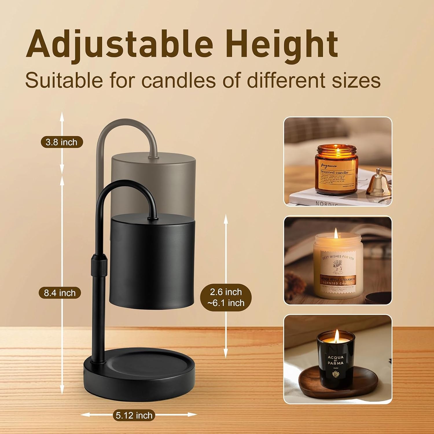 Candle Warmer Lamp with Timer and Dimmer, Electric Candle Lamp Warmer for Jar Candles, Adjustable Height Candle Wax Warmer with 2 Bulbs & Wooden Base, Gifts for Women Home Decor, Black