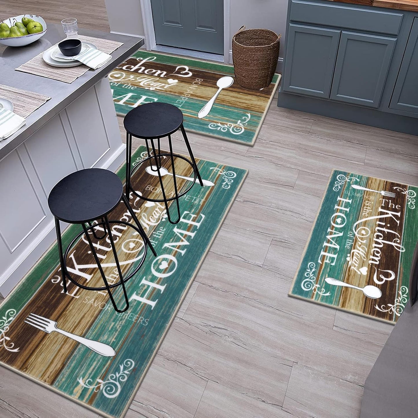 Boho Kitchen Rug Sets 3 Pieces, Washable Kitchen Mats for Floor, Non Slip Soft Kitchen Area Rug Floor Mat for Kitchen, Laundry Room and Hallway (Teal, 20''X32''+20''X47''+20''X59'')