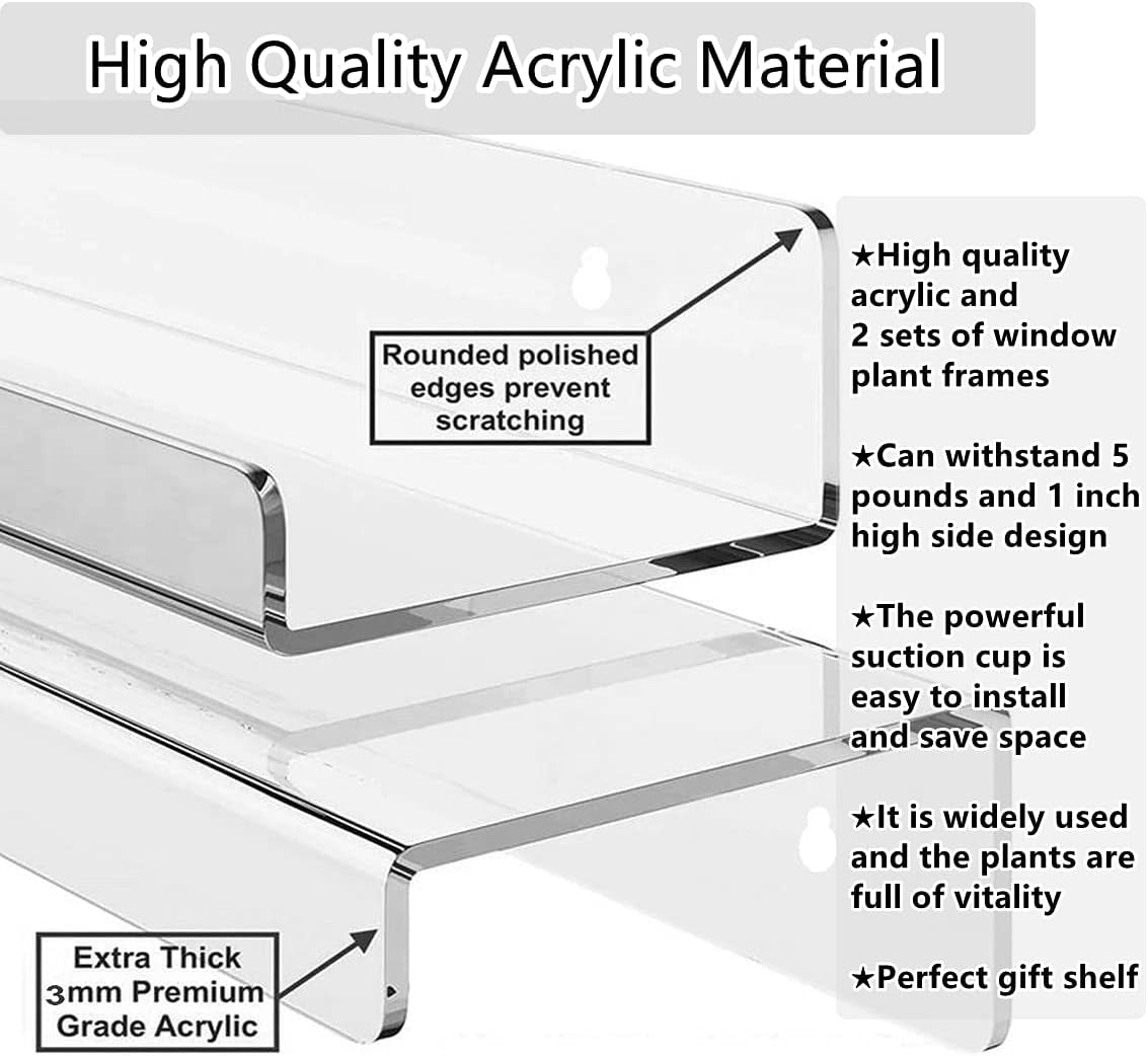 2 Pack Acrylic Window Boxes Plant Shelves,12 Inch Acrylic Window Sill Extender for Plants, Windows Suction Cup Shelf, Window Plant Shelves, for Succulent Planters, Herb Pots, Indoor Plants