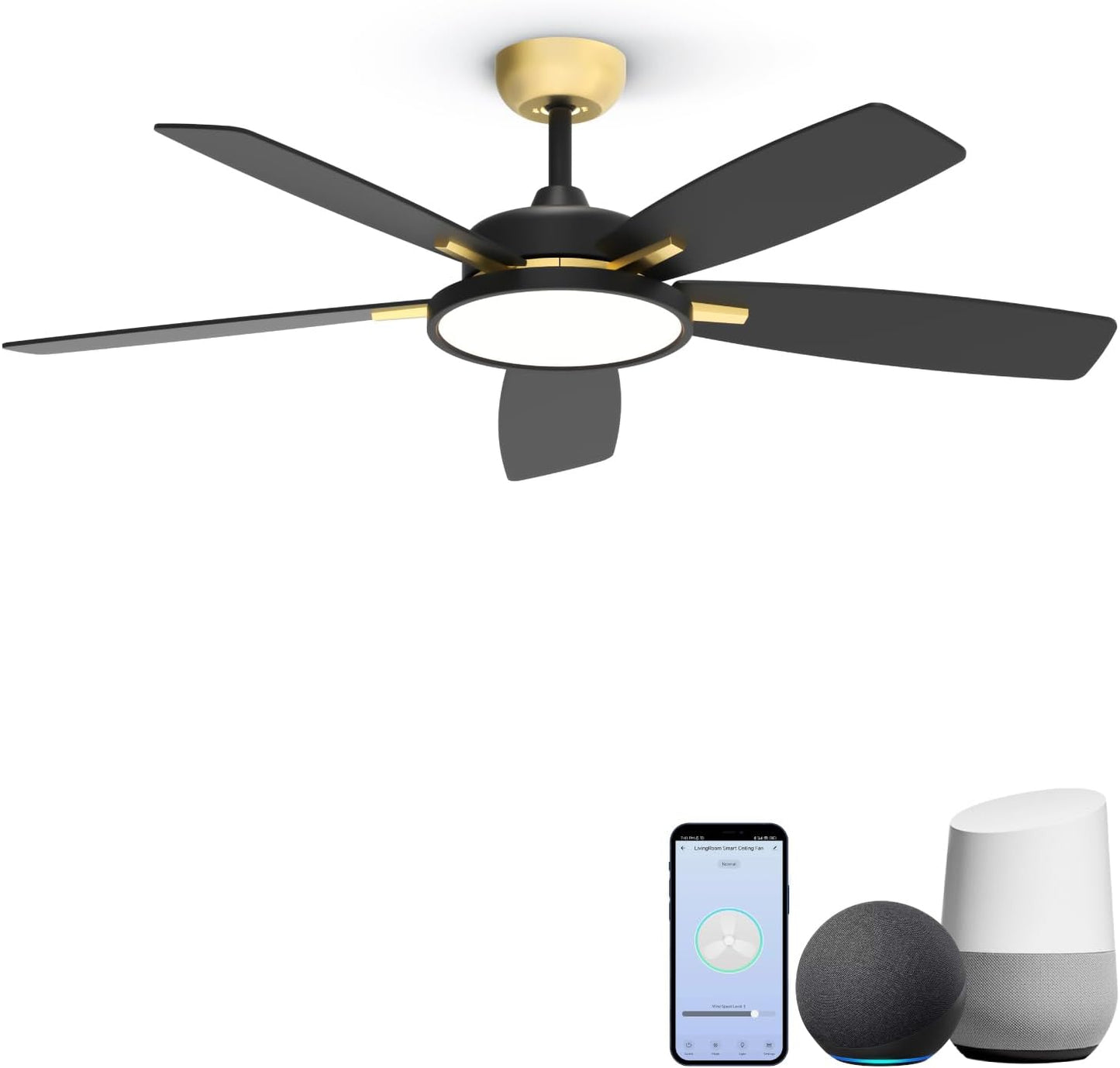Ceiling Fans with Lights,Ultra Silent 52 Inch Smart Ceiling Fans with Dimmable LED Light Compatible with Google Home Alexa App Control(Black Gold