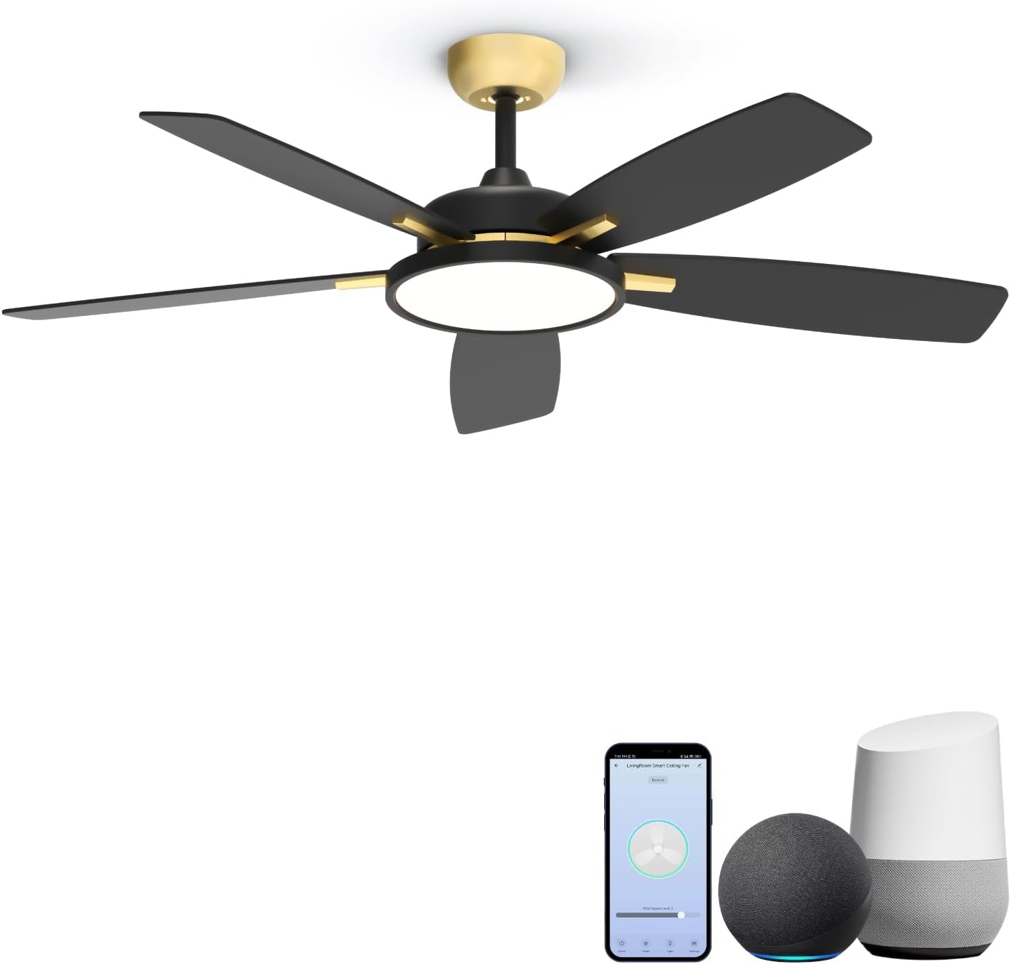 Ceiling Fans with Lights,Ultra Silent 52 Inch Smart Ceiling Fans with Dimmable LED Light Compatible with Google Home Alexa App Control(Black Gold