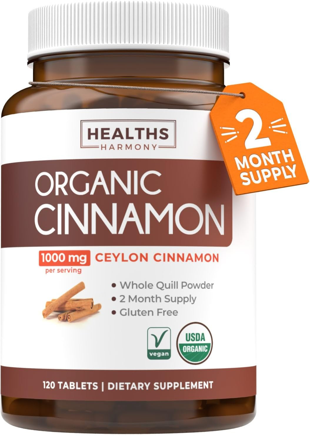 USDA Organic Ceylon Cinnamon (120 Tablets) 1000Mg Cinnamon Quill Powder per Serving - Natural Cinnamon Supplements for Effective Metabolism, Cognative, Joint, Immune Support - (No Capsules or Pills) TLBH