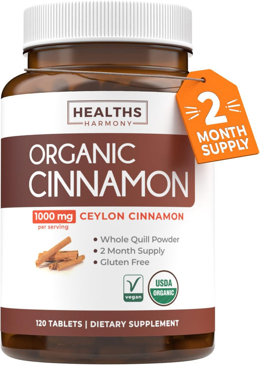 USDA Organic Ceylon Cinnamon (120 Tablets) 1000Mg Cinnamon Quill Powder per Serving - Natural Cinnamon Supplements for Effective Metabolism, Cognative, Joint, Immune Support - (No Capsules or Pills) TLBH
