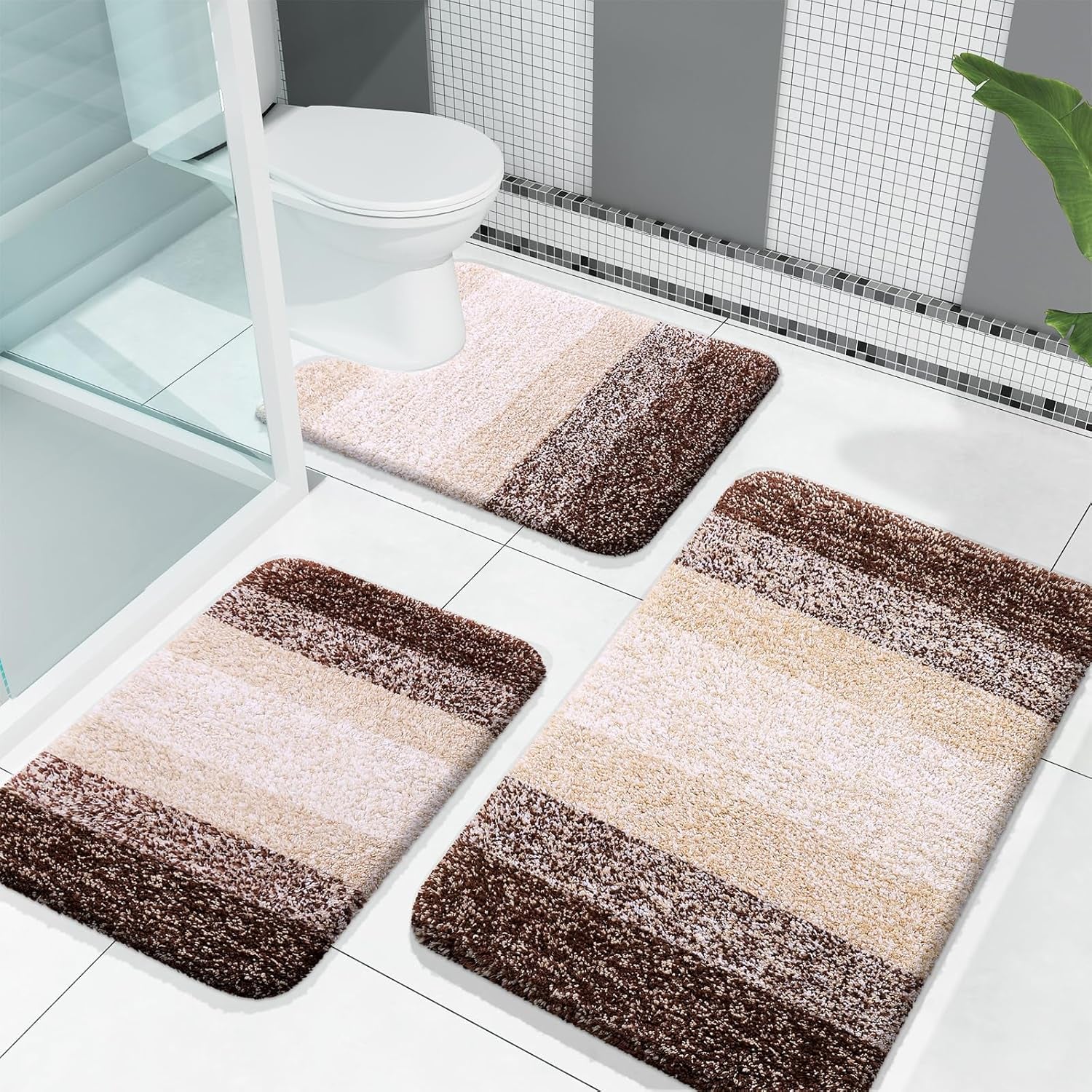 Bathroom Rugs Sets 3 Piece, Soft Absorbent Microfiber Bath Rugs and U-Shaped Contour Toilet Rug Area Rug Set, Non-Slip Bath Carpet, Home Decor Accessories, Bath Mat Set for Bathroom, Black