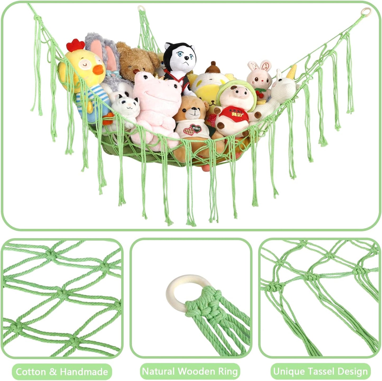 Boho Stuffed Animals Net or Hammock Large,55 Inch Toy Hammock Macrame Stuff Animal Storage Corner Hanging Net Holder,Mesh Hammock Plush Toy Organizer with Hooks for Bedroom,Nursery (Light Green)