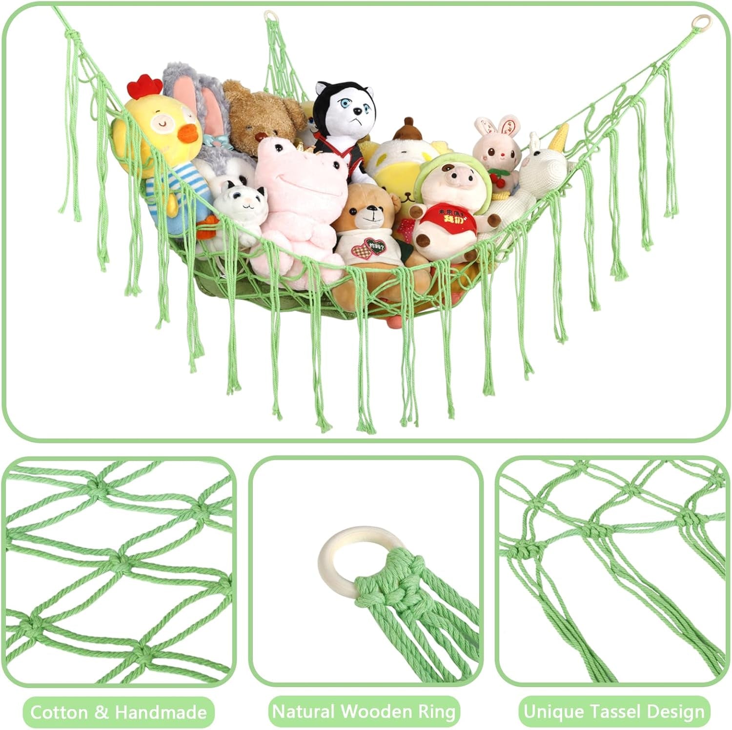 Boho Stuffed Animals Net or Hammock Large,55 Inch Toy Hammock Macrame Stuff Animal Storage Corner Hanging Net Holder,Mesh Hammock Plush Toy Organizer with Hooks for Bedroom,Nursery (Light Green)