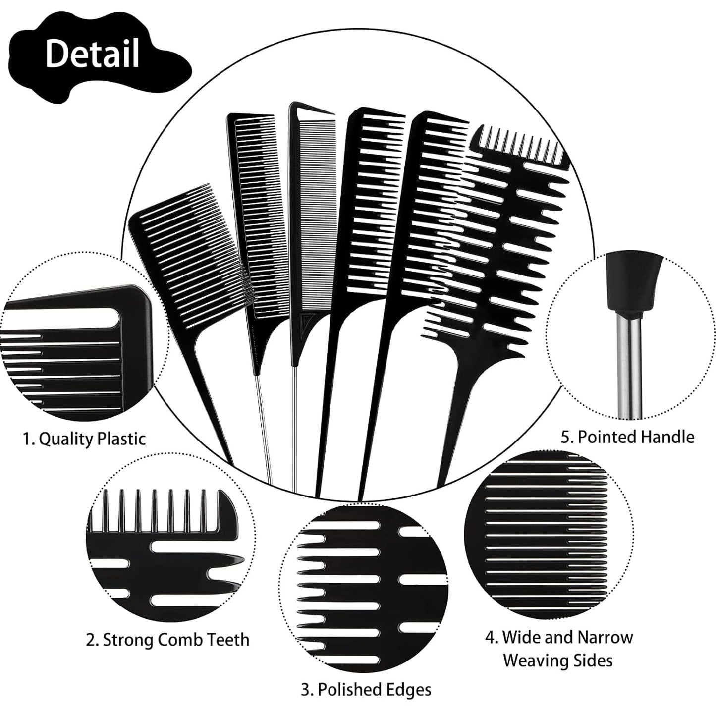Weaving, Sectioning, Styling, and Hair Dyeing Combs - 6 Piece Set with Rat Tail Design for Foiling and Balayage Coloring (Various Styles)