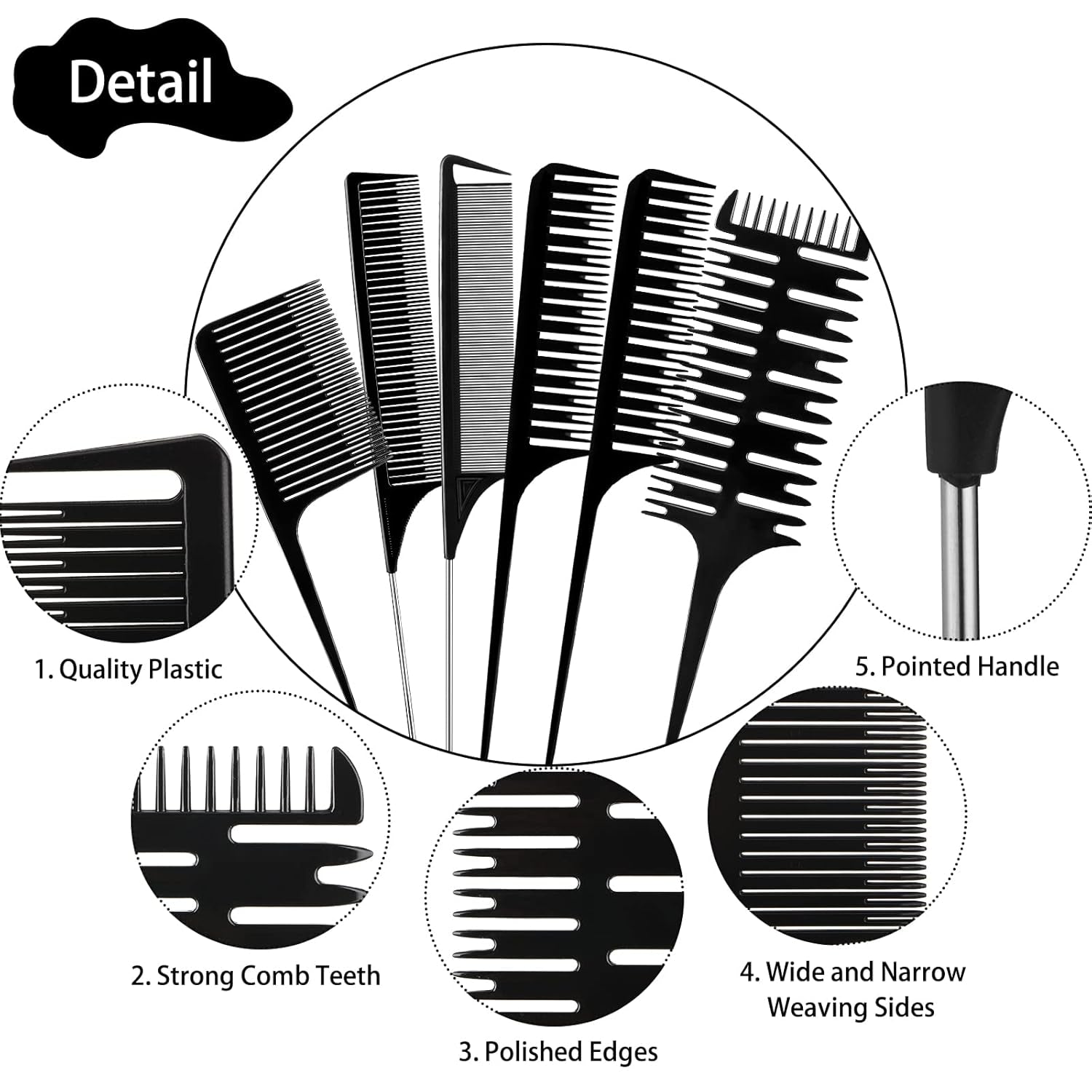 Weaving, Sectioning, Styling, and Hair Dyeing Combs - 6 Piece Set with Rat Tail Design for Foiling and Balayage Coloring (Various Styles)