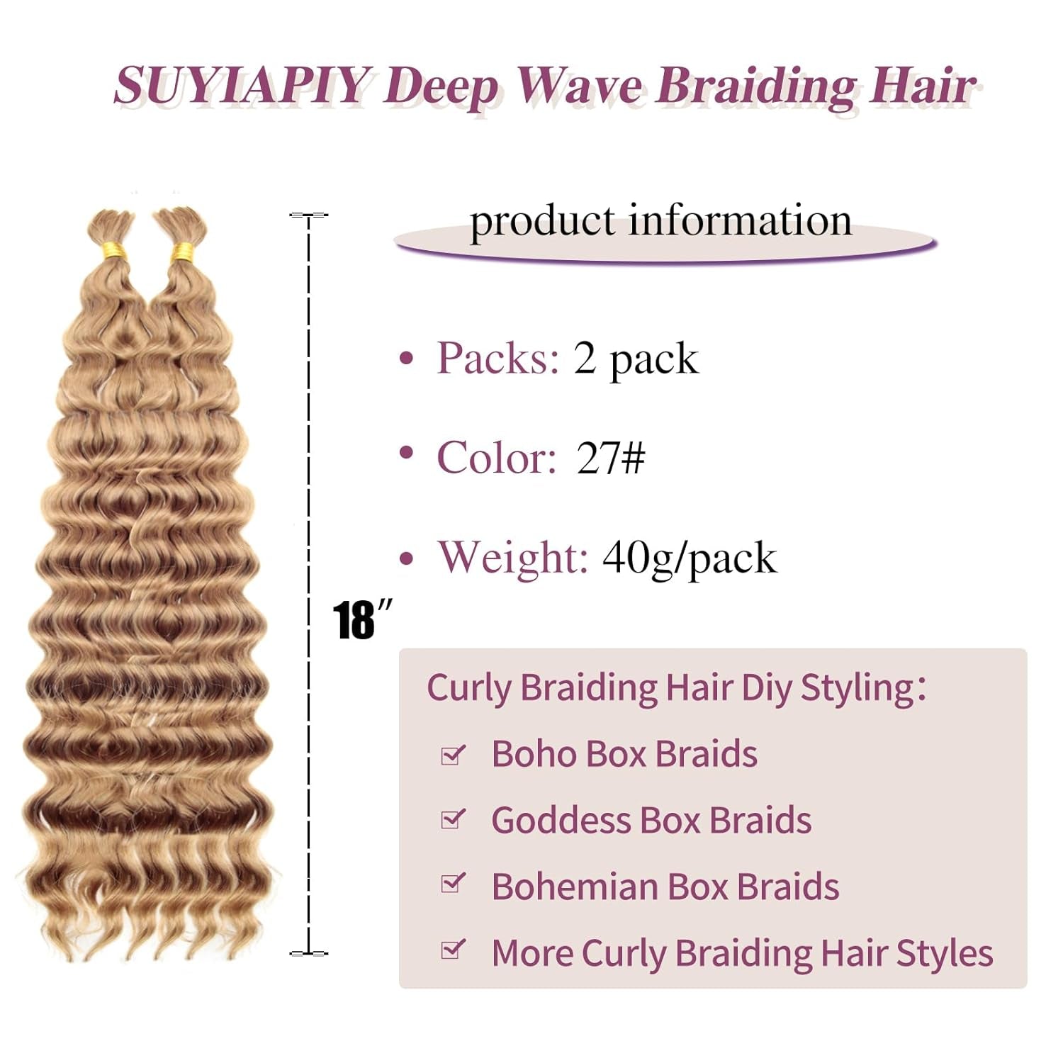 Braiding Hair Deep Wave Bulk Hair for Braiding Boho Hair for Braiding Deep Water Wave Braiding Hair No Weft Wet and Wavy Braiding Hair Extensions (27#, 18 Inch)