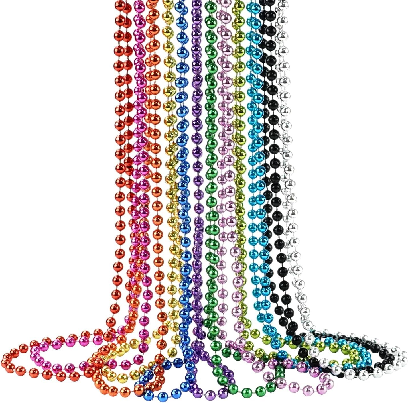 33'' 7Mm Metallic Colors Bead Necklace Bulk, Mardi Gras round Beaded Necklaces for Party Favors Costume Necklace (12 Pcs)