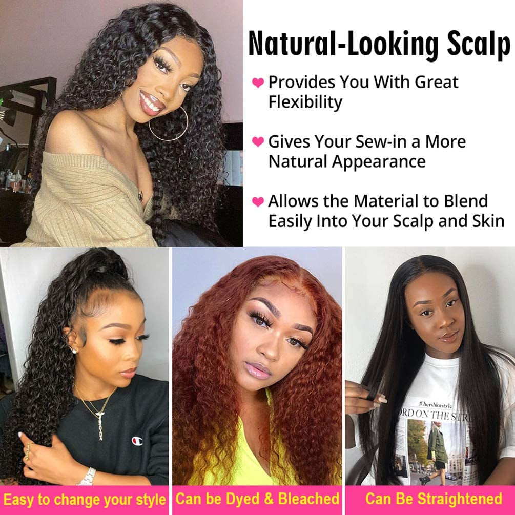 Deep Wave Bundles with Closure (12 14 16+10 Free Part) 12A 100% Unprocessed Brazilian Virgin Human Hair Bundles with 4X4 Lace Closure Deep Curly Weave Hair Extensions Natural Color for Black Women