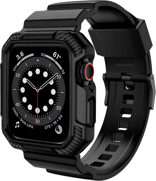 Compatible with Apple Watch Band 45Mm 44Mm 42Mm with Case, Shockproof Rugged Band Strap for Iwatch SE SE2 Series 9/8/7/6/5/4/3/2/1 45Mm 44Mm 42Mm with Bumper Case Cover Men Women, Matte Black