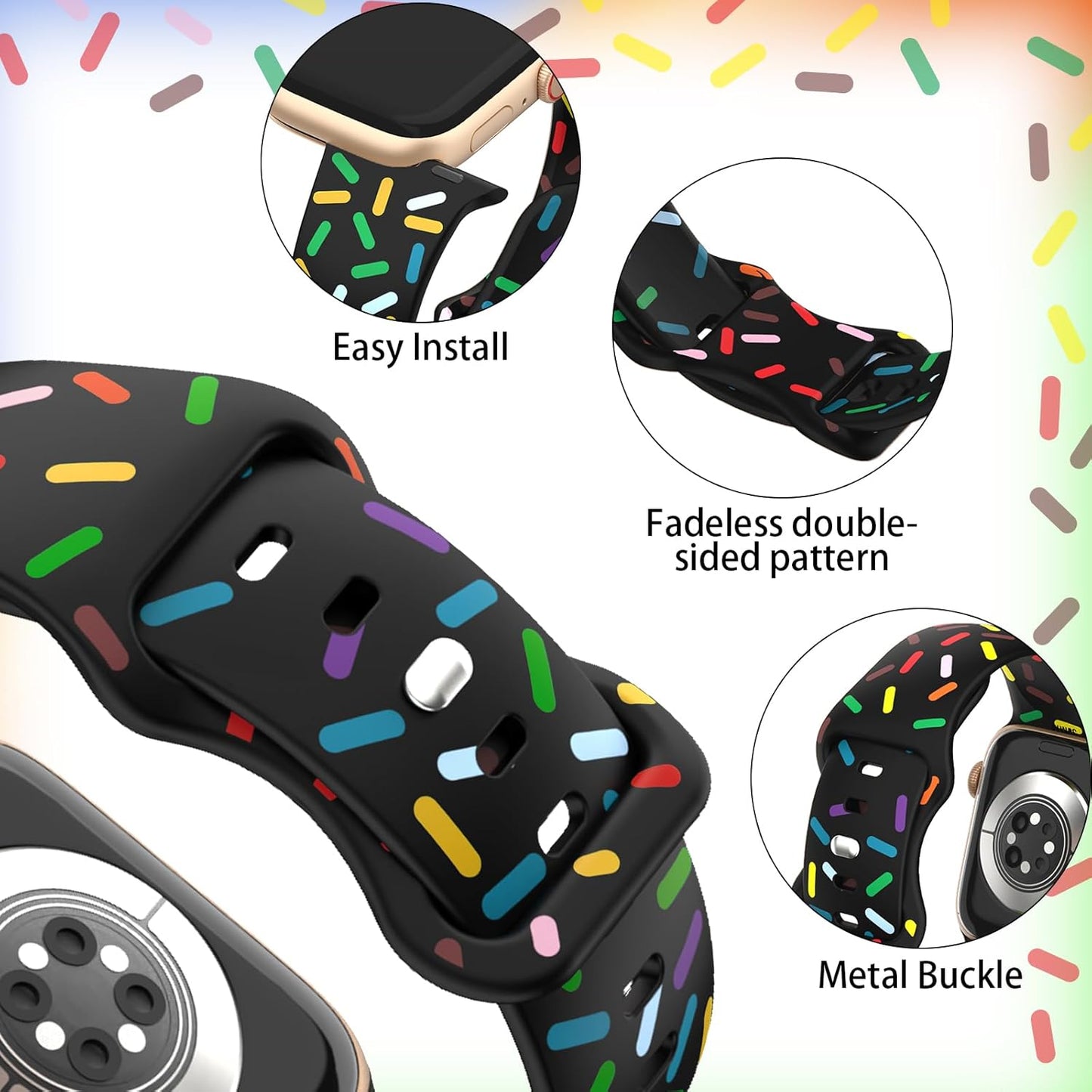 Rainbow Sport Band Compatible with Apple Watch Band 40Mm 41Mm 38Mm 42Mm 44Mm 45Mm 49Mm Women Men,Silicone Double-Sided Printed Wristbands Waterproof Strap for Iwatch Series Ultra SE 8 7 6 5 4 3 2