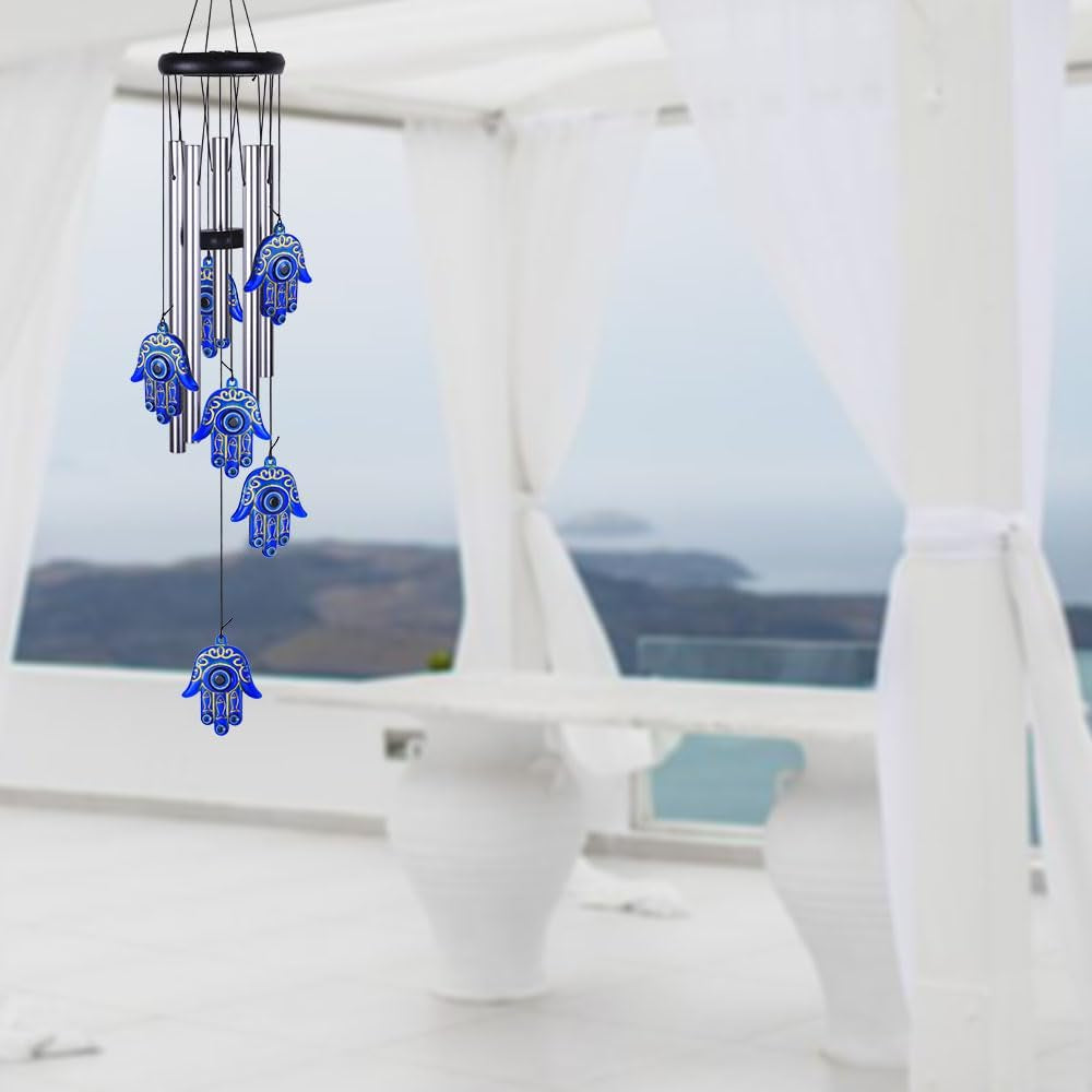 Blue Evil Eye Hamsa Hand Wind Chimes Outdoor Decoration, Hand of Fatima Windcatcher, Evil Eye Wind Bells, Hand of Fatima Blue Evil Eye Amulet Wind Chimes for Home, Gift for Mom, Balcony, Patio, Garden