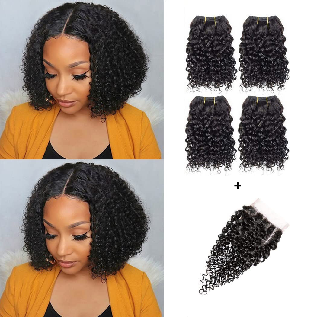 Curly Bundles with Closure Kinky Curly Bundles with Closure 12A Virgin Hair Kinky Curly Bundles with 4X4 Lace Closure Natural Color and Soft（8 8 8 8+8 Inch）