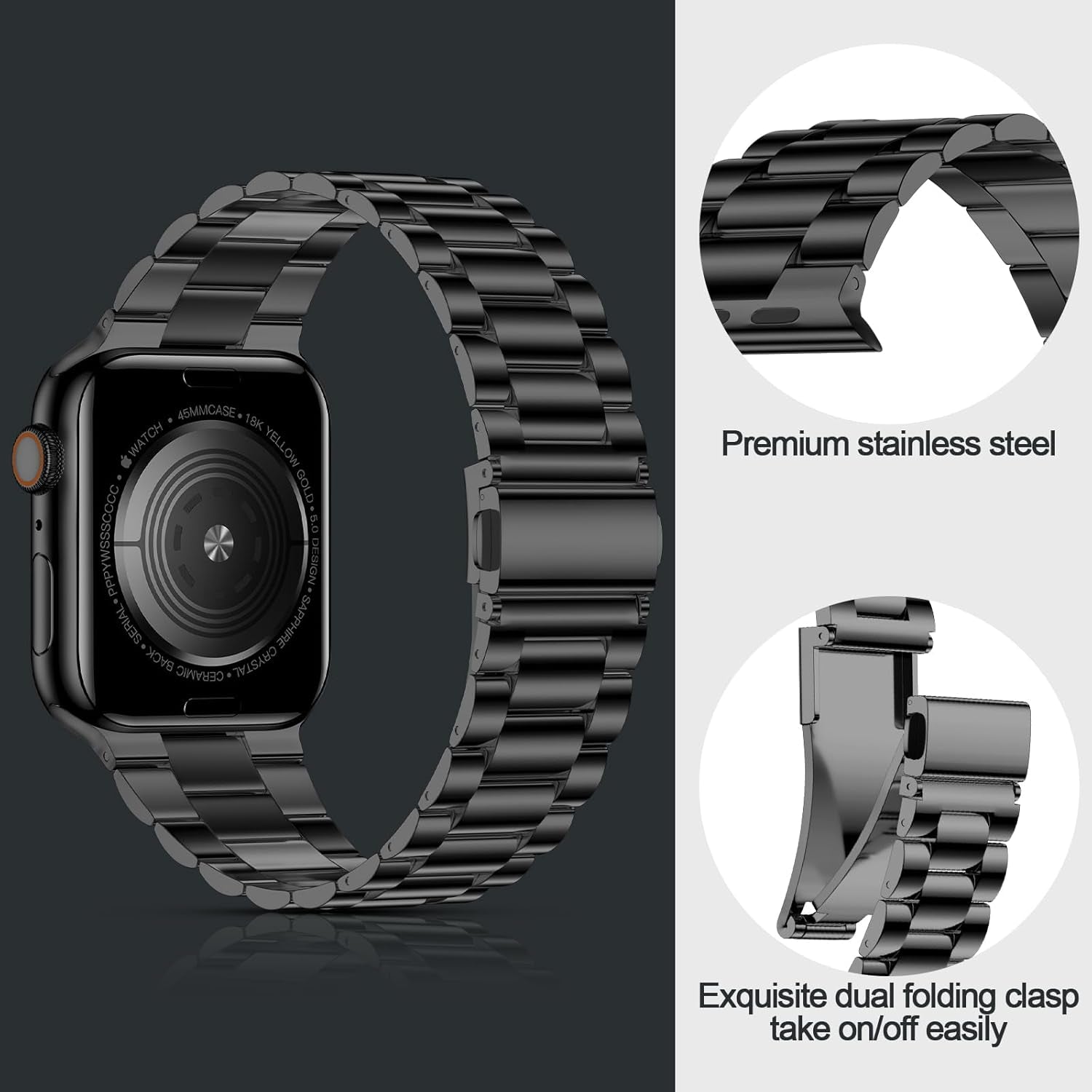 Compatible with Apple Watch Band 45Mm 44Mm 49Mm, Upgraded Stainless Steel Replacement Original Iwatch Bands for Series 9 Ultra 8 7 6 5 4 3 2 1 Women Men,Black