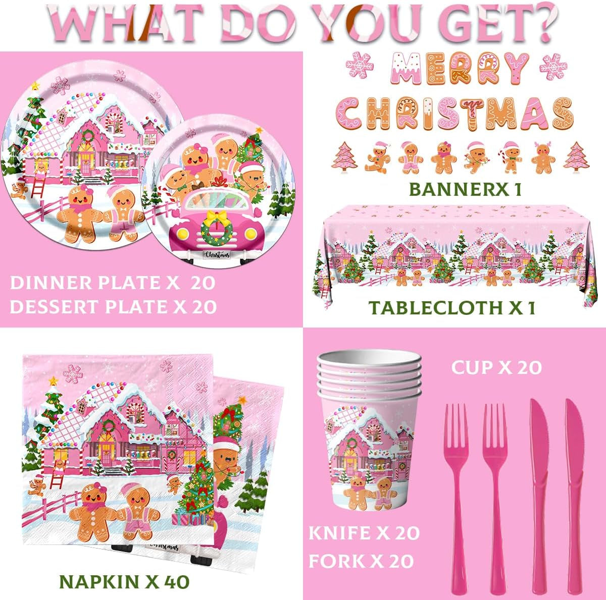 142Pcs Gingerbread Christmas Tableware Party Decorations Gingerbread Man Winter Christmas Holiday Party Supplies Pink Cookie House Family Gathering Disposable Banner,Plates,Napkins and Tablecloth