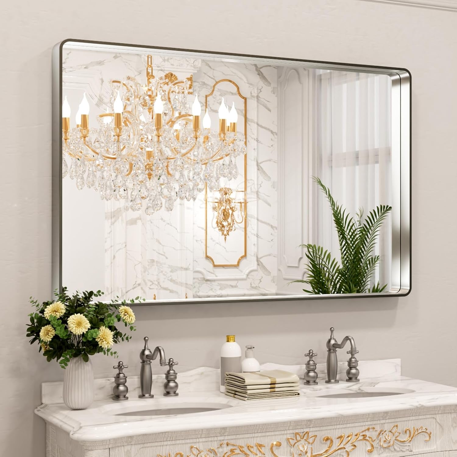 50X30 Inch Black Metal Framed Bathroom Mirror for Wall, Matte Black Bathroom Vanity Mirror Farmhouse, Large Rounded Rectangle Mirror, Anti-Rust, Tempered Glass, Hangs Horizontally or Vertically