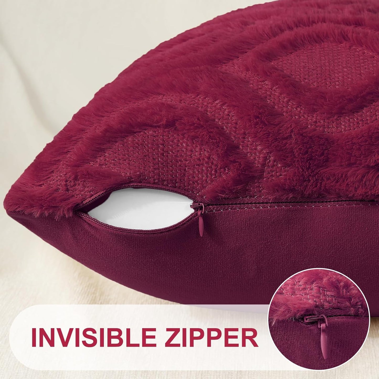 Christmas Decorative Throw Pillow Covers 18X18, Soft Plush Faux Wool Couch Pillow Covers for Home, Set of 2, Burgundy