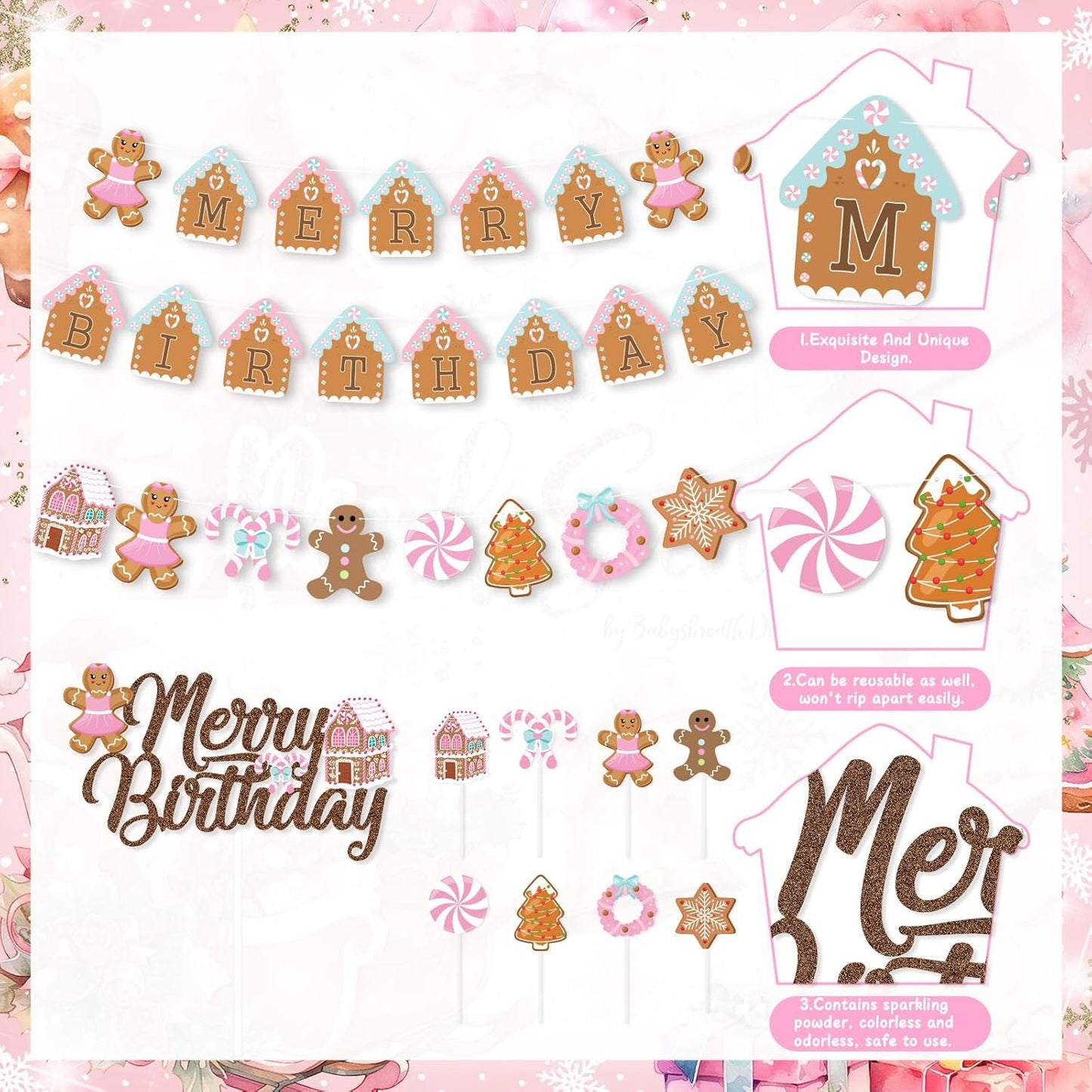 Christmas Birthday Decorations,Pink Gingerbread Man Merry Birthday Theme Banner Candy House Cake Topper Latex Balloons for Boys Girls Birthday Party Supplies Baby Shower