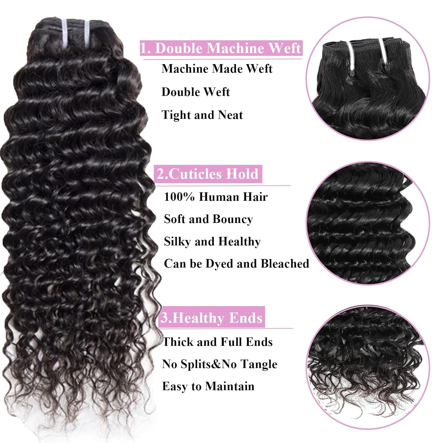 Deep Wave Human Hair Bundles 4 Bundles 16 18 20 22 Inch Curly Bundles Human Hair 100% Unprocessed Virgin Hair Water Wave Bundles Wet and Wavy Bundles Double Weft Thick and Full Natural Black