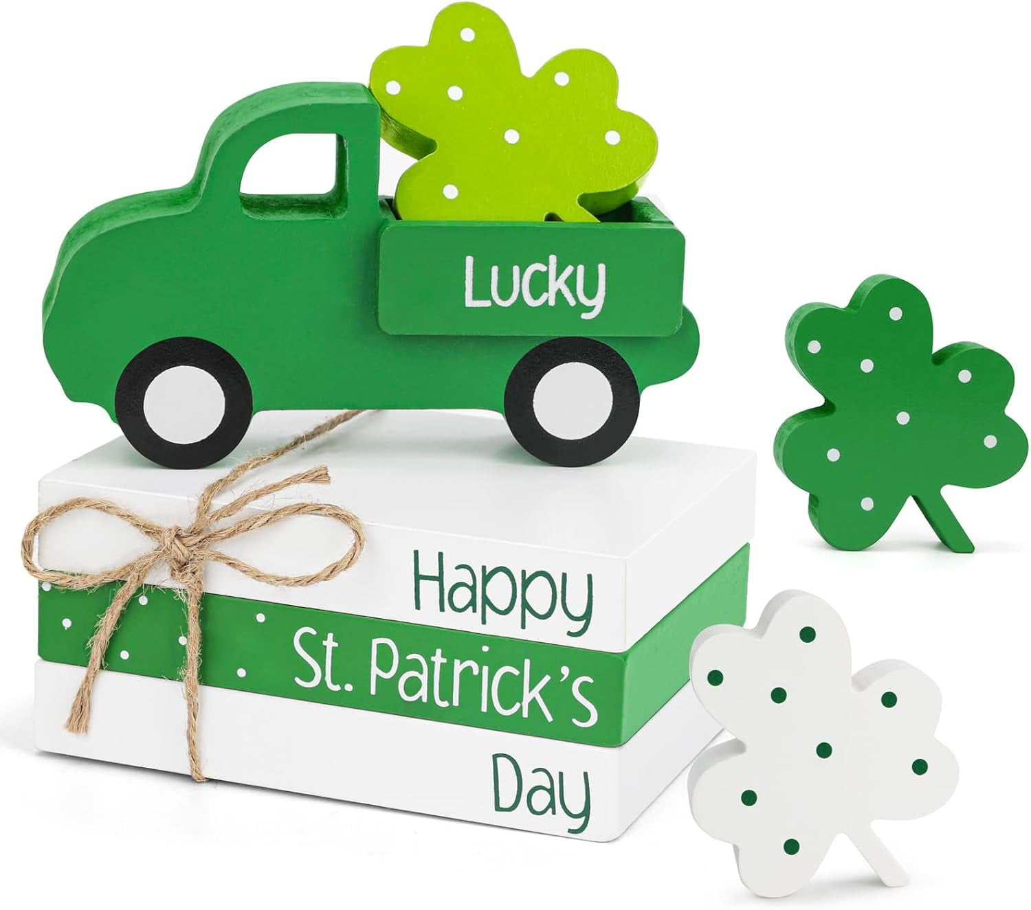 St Patricks Day Decorations, St Patricks Day Decor - Wooden Book Stack & Green Truck & 3 Shamrock Decor for Table, Tiered Tray, Office Desk, Mantel, Saint Patricks Day Decorations for Home