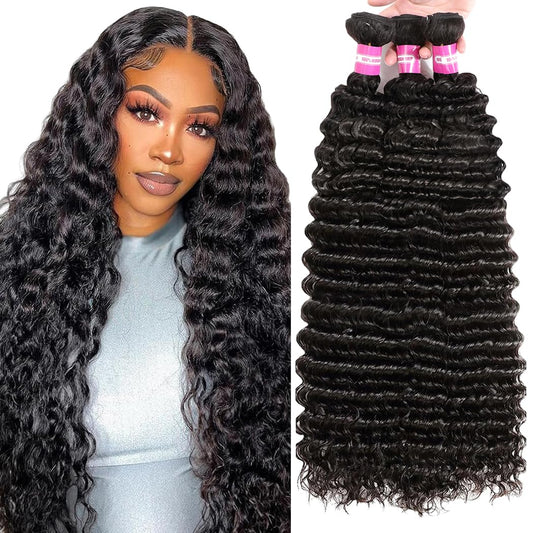 Deep Wave Human Hair Bundles 18 20 22 Inch 12A Brazilian Deep Wave Bundles Human Hair 100% Unprocessed Virgin Deep Curly Human Hair Weave 3 Bundles Natural Color Water Wave Bundles