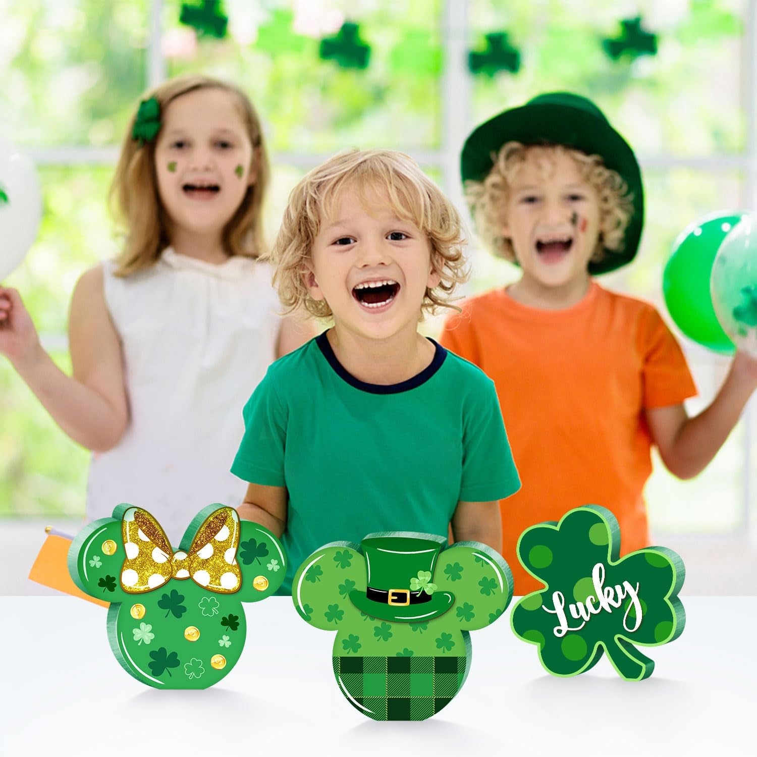 3Pcs St. Patrick'S Day Mouse Table Sign Decor, Shamrock Wooden Centerpieces Table Top Signs Tiered Tray Set for Happy St. Patrick'S Day Parties Indoor Irish Green Ornament Wood Home Decoration